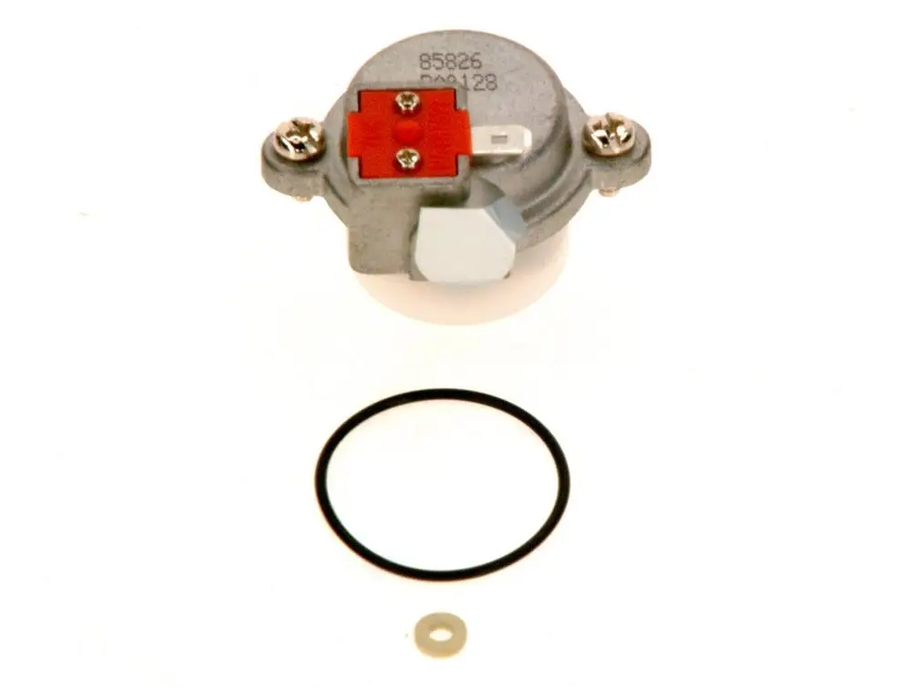 BOSCH Zündgasventil in kompakter Bauform, ergänzt durch zwei Dichtungen für die Installation. Das Ventil hat einen Metallanschluss und einen integrierten Stecker.